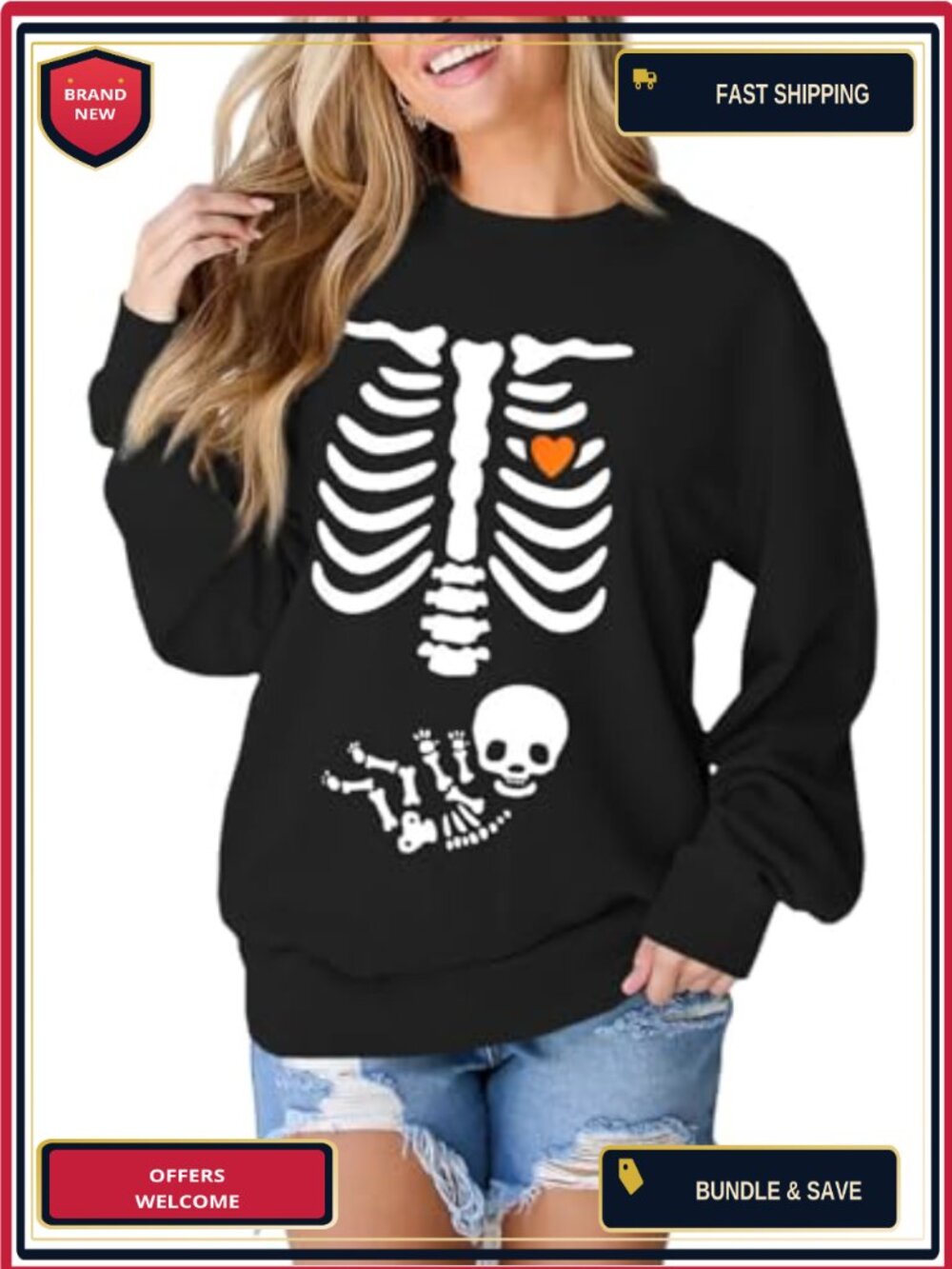Maternity Skeleton Halloween Sweatshirt X-Ray Pregnancy Pullover